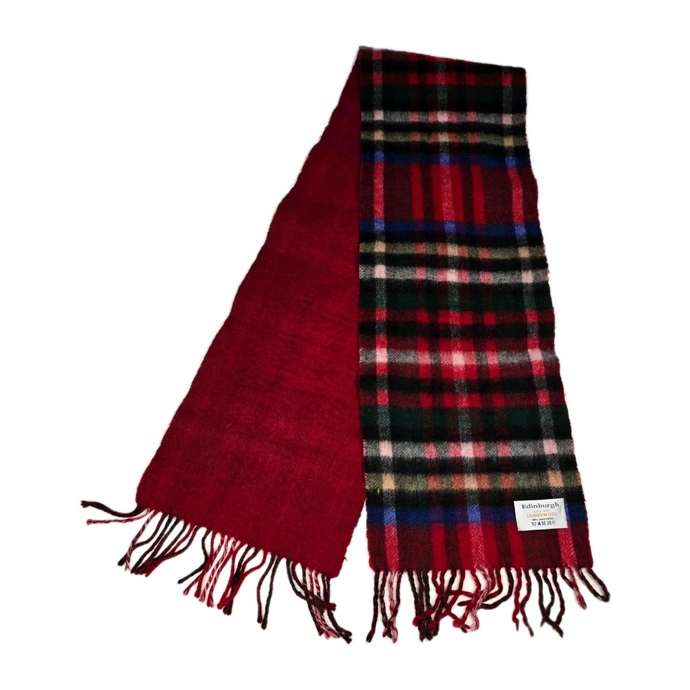 Edinburgh Lambswool Plaid Scarf Red Green Blue Tan Fringe 9.5x58